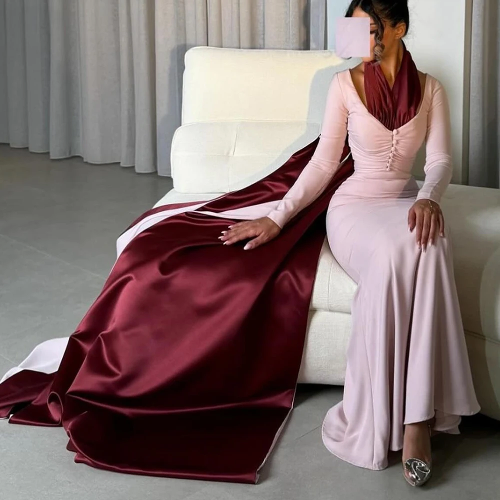 Customized Temperament Straight Floor Length Halter Jersey Long Sleeves Pleats Evening Dress Elegant vestidos para mujer