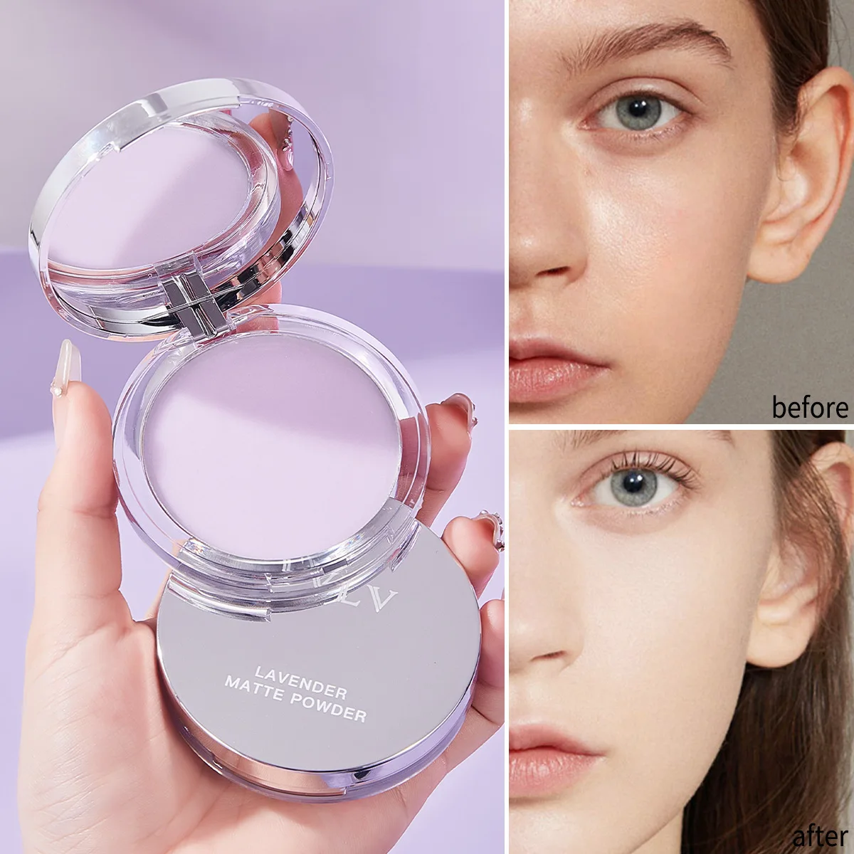 Purple Setting Powder Lavender Makeup Compact Oil Control Long Lasting Wear Poreless Finish Natural Matte Look for Oily Skin