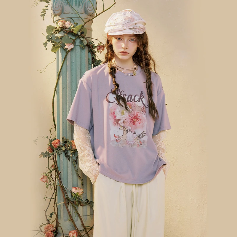 ELFSACK Women's Casual 2-in-1 Long Sleeve T-Shirt with Floral Graphic Print, Loose Scallop Hem Tee for Everyday Wear