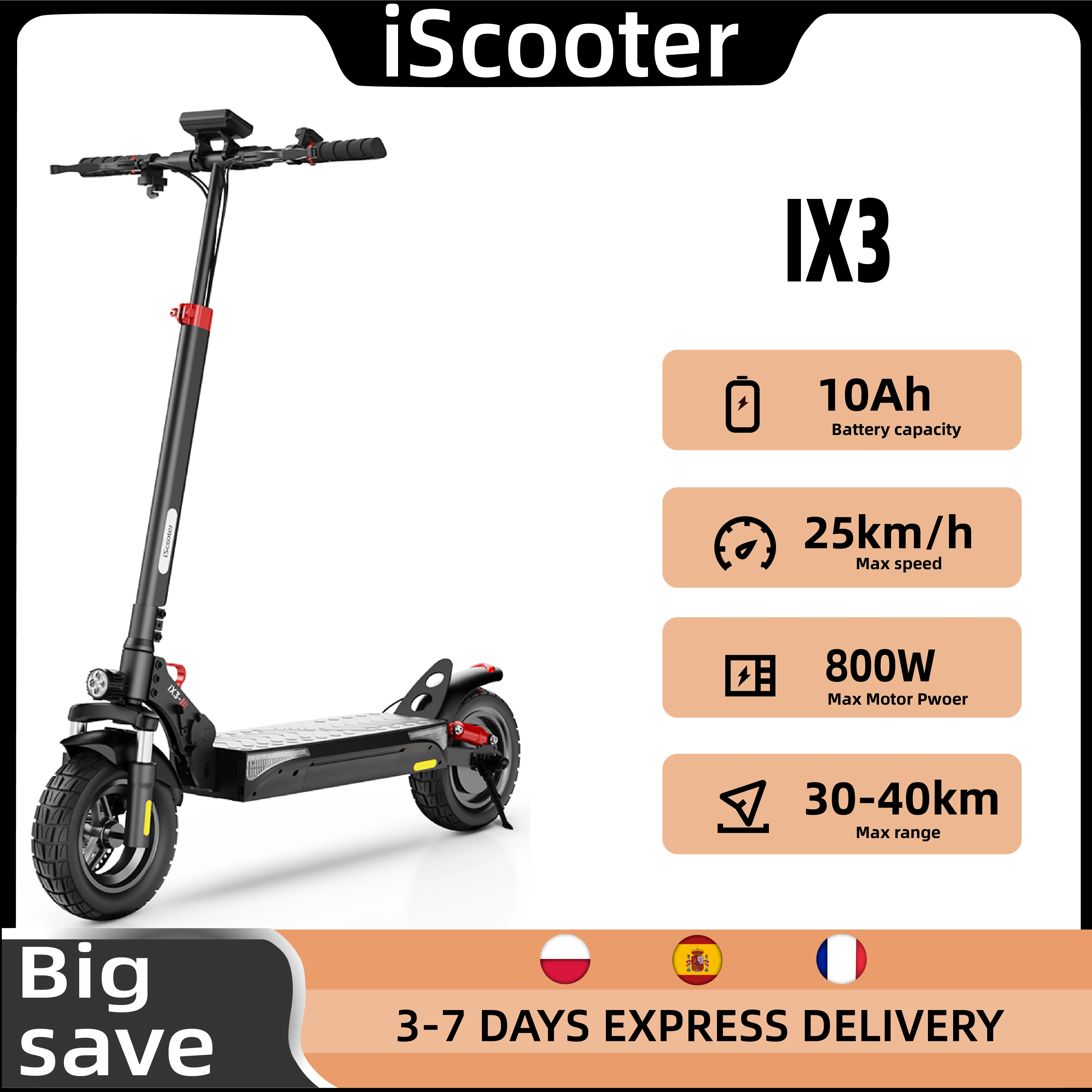 Trottinette électrique iScooter IX3 800W, trottinette électrique puissante, pneu tout-terrain de 10 pouces, vitesse de 40 km/h, autonomie de 40 km/h, trottinette électrique