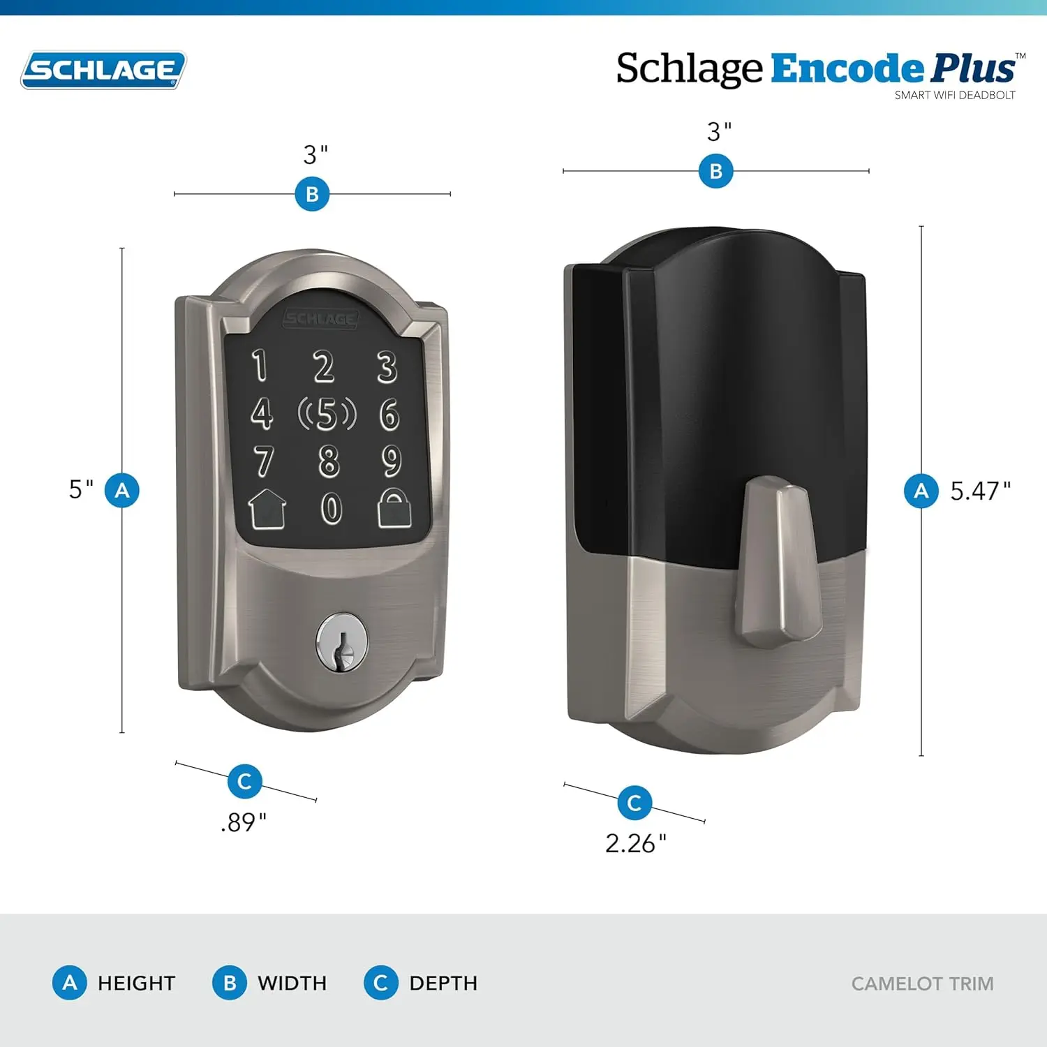 619 Encode Plus Serratura intelligente con catenaccio WiFi, serratura per porta touchscreen con finiture Camelot, satinata