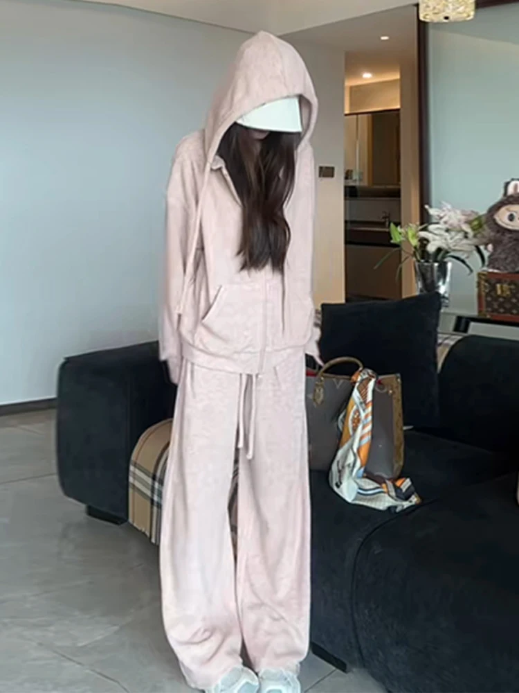 

Ladies' Lazy Knitted Pink Set Zipper Hooded Cardigan Casual Pants Two-Piece Suit Comfortable Breathable Midweight Winter Wear