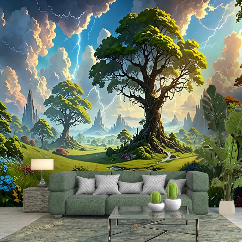 1PC Fantasy Tree Lightning View Art Print Backdrop Banner, Bedroom Living Room Photo Background, Polyester, Home Decor, Wall Art