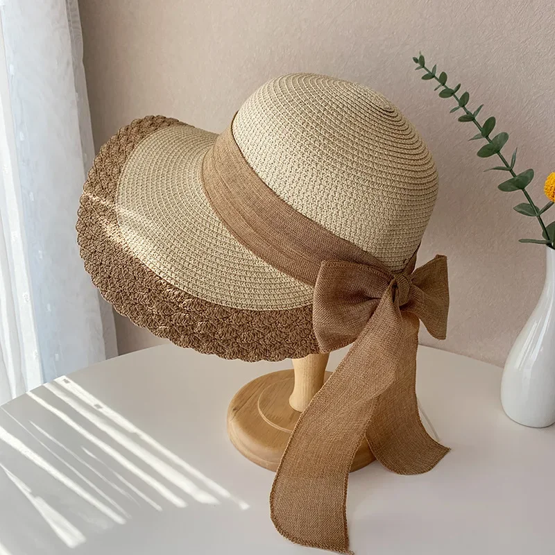 

태양모 Women's Straw Hat Summer Sun Cap Big Brim Sun Vacation Beach Panama Hat Korean Fashion Casual Ladies Bow Ribbon Bucket Hat