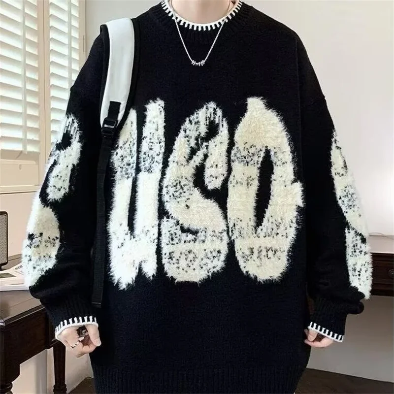 

Новинка 2025, жаккардовый трикотаж с круглым вырезом, мужской американский модный вязаный свитер в стиле ретро, осенний пуловер в стиле хип-хоп с длинными рукавами Y2K