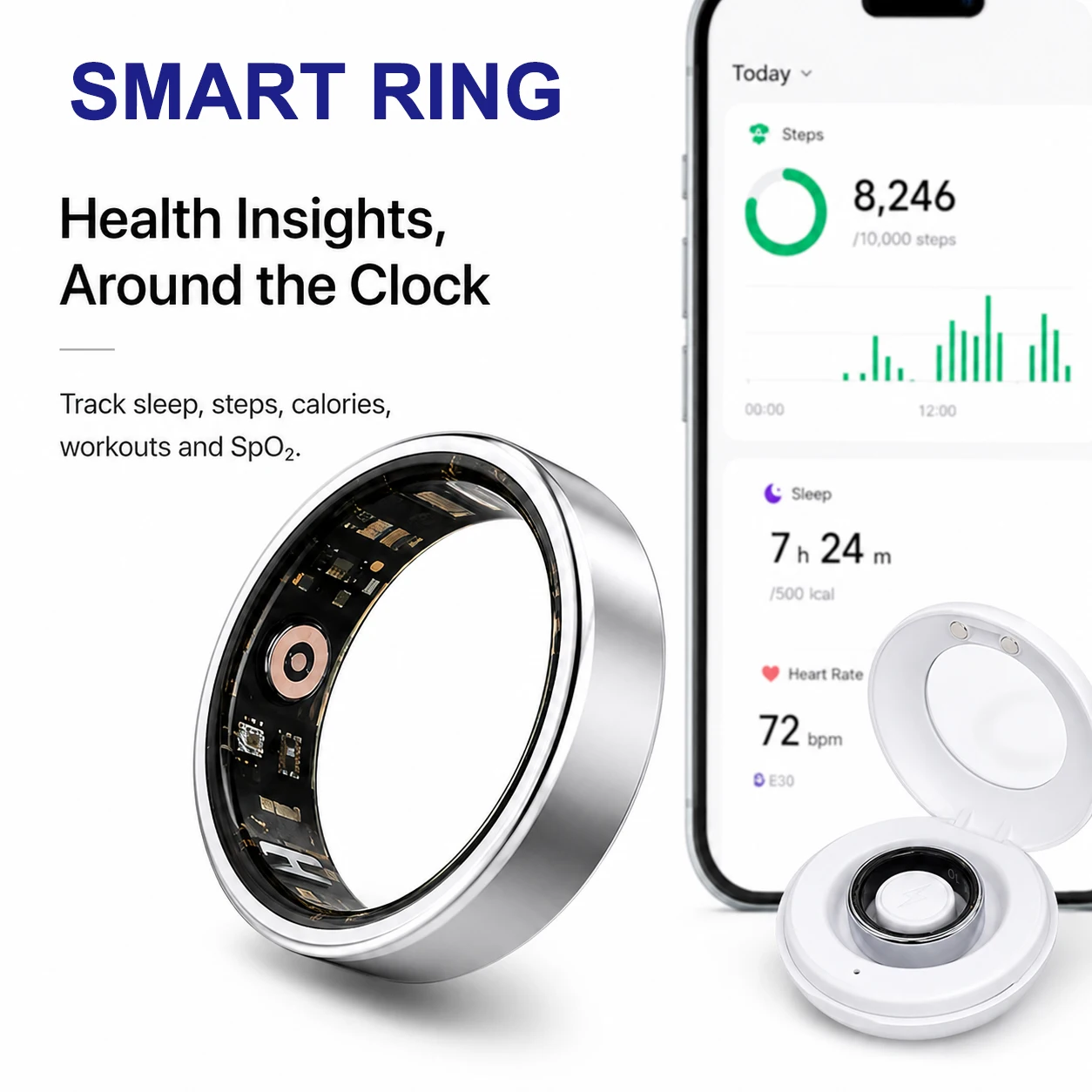 Multi-sport Smart Ring Men Women Bluetooth Monitor Blood HeartRate Blood Oxygen Monitor with Charging Case IP68& 5ATM Waterproof