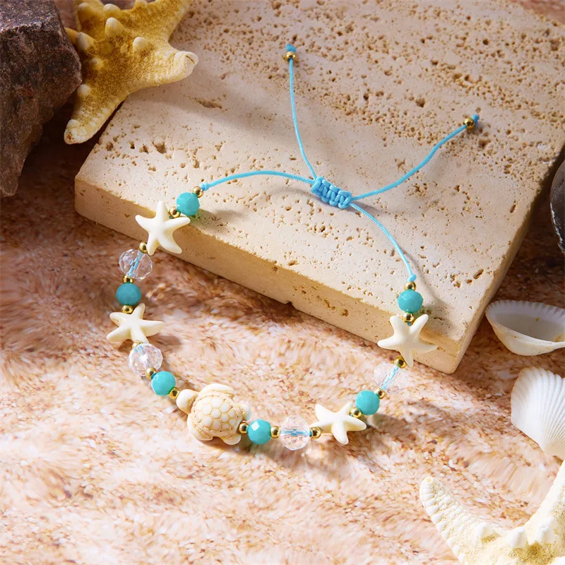 Cross border summer vacation style accessories, ocean series starfish conch turquoise drawstring, Bohemian hand woven bracelet