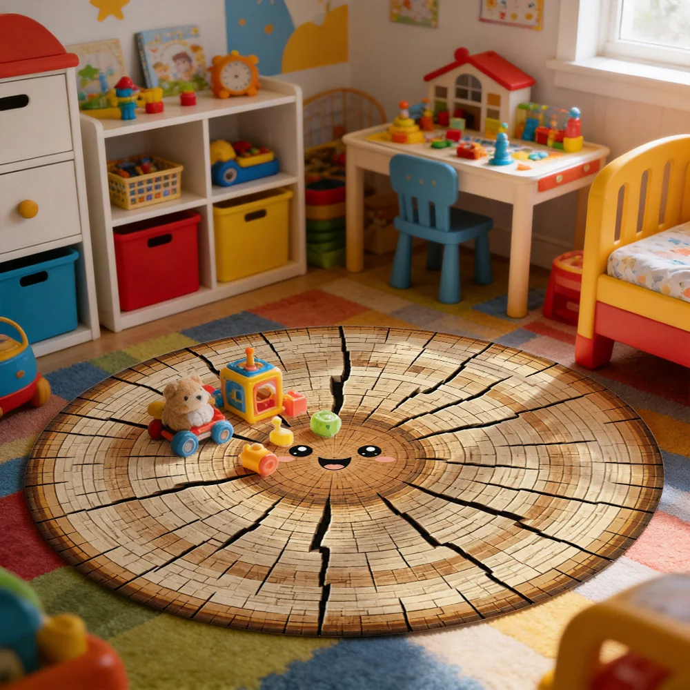 Cute Cartoon Wood Slice Steampunk Design Round Area Rug for Living Room Hallway Boho Chic Floor Mat