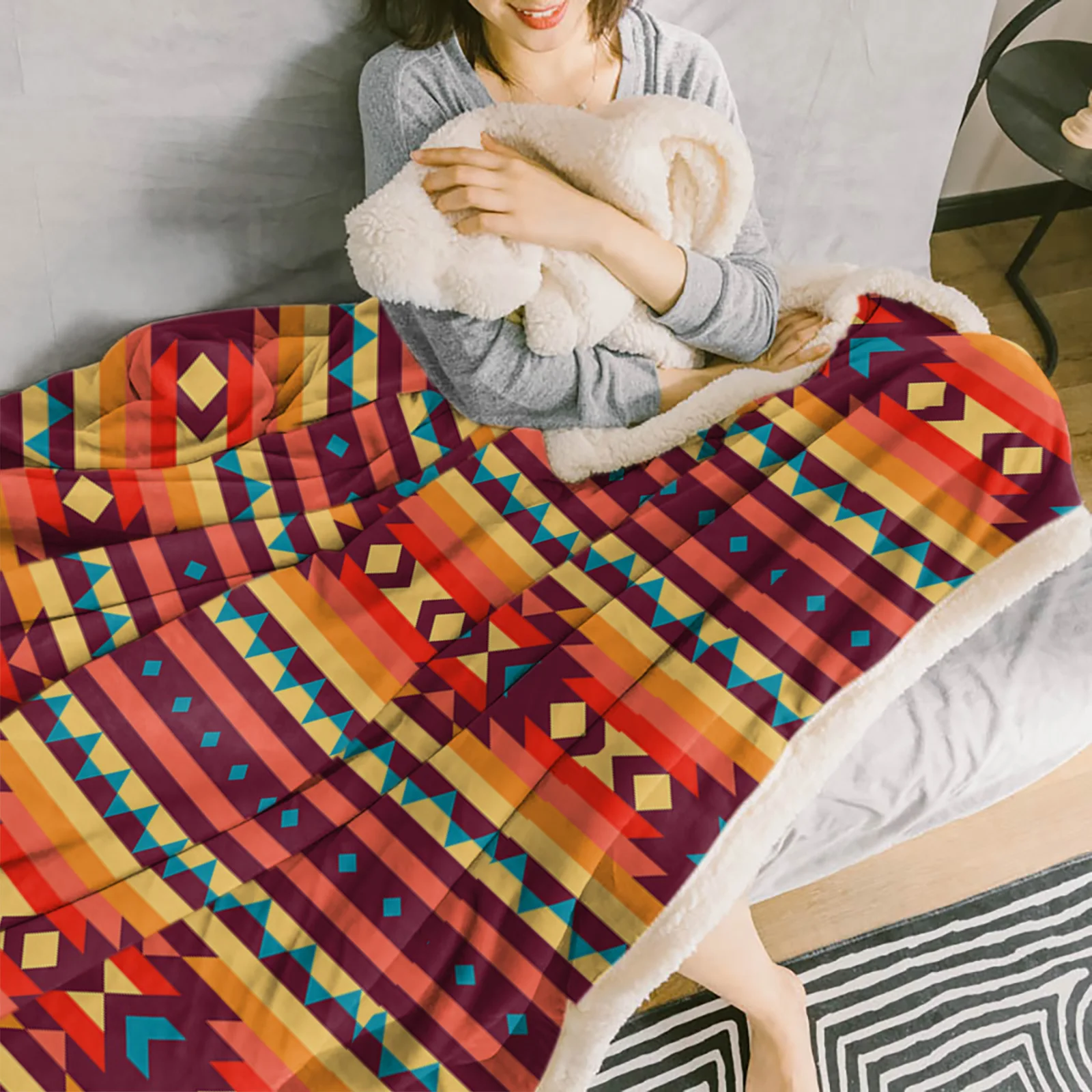 American Tribal Pattern Winter Warm Cashmere Blanket for Bed Wool Throw Blankets for Office Bedspread