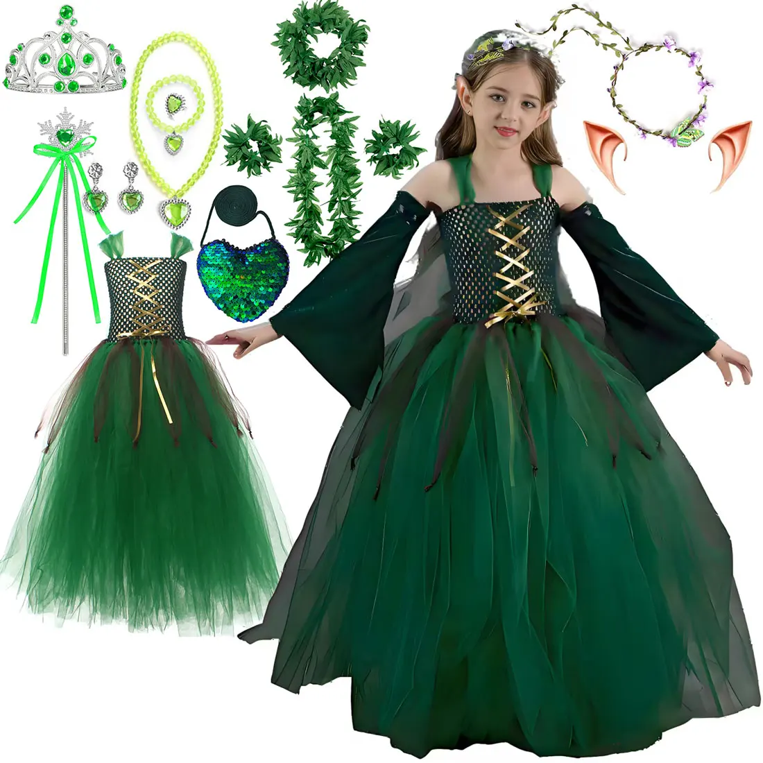 

HALLoween Girls Cosplay Dark Green Elf Fairy Puffy Lace Sling Dress + Cute Elf Fake Ears + Wings Accessories Easter Dress Set