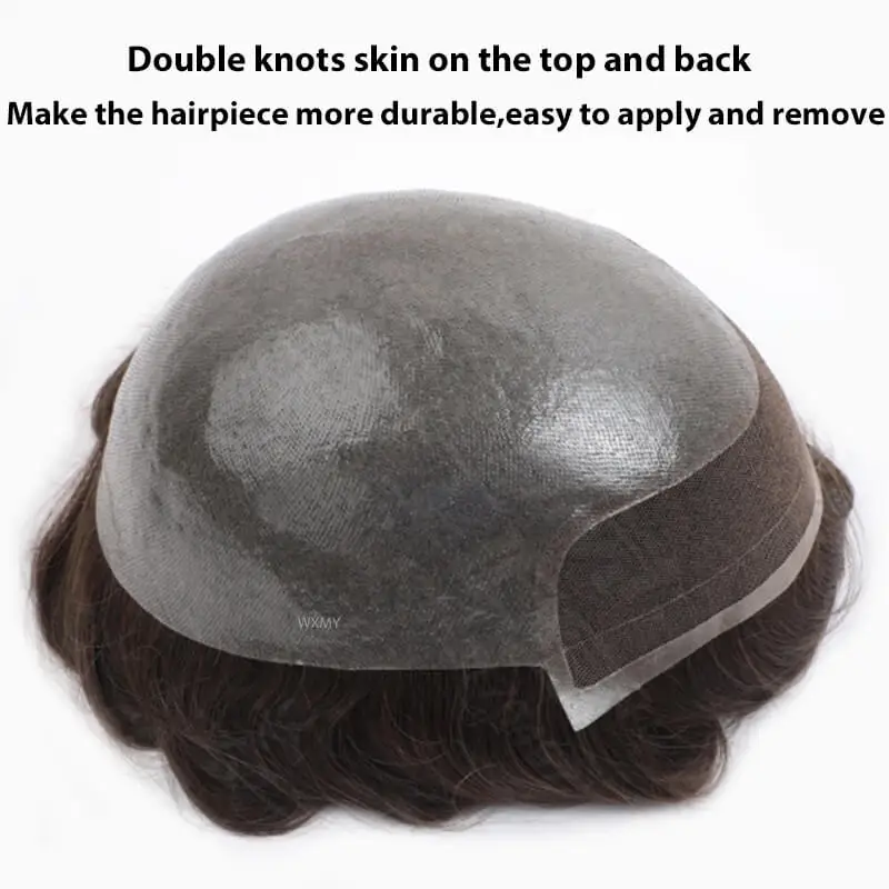 Doppelte Knoten Bio Toupet 0,08mm Haut Basis Mit Spitze Vorne Männliche Haar Prothese Langlebige Natürliche Menschenhaar Perücken Für männer Kapillare