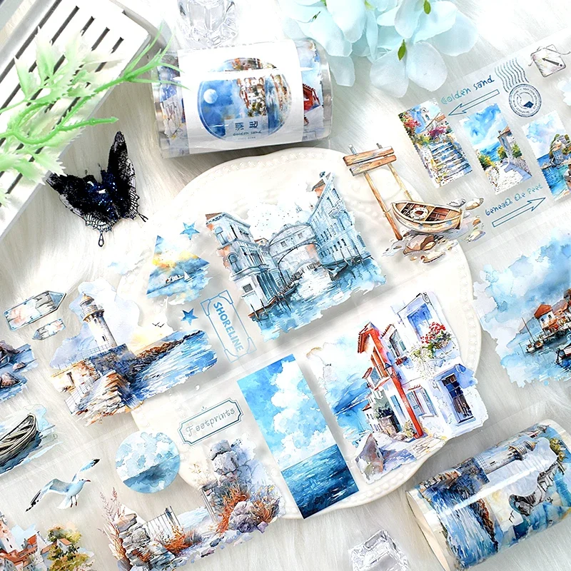 

2m/Roll Blue Sea PET Tape Aesthetic Flower Washi Masking Tape for Stickers Scrapbooking Journaling Planner Diary Supplies