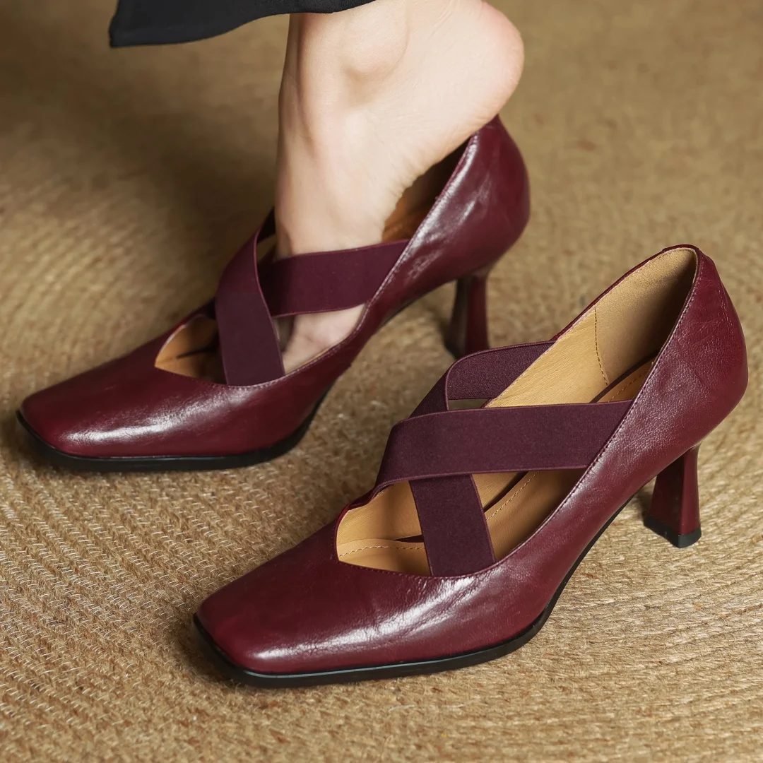 

Women's sheepskin elastic band cross strap square toe slip-on pumps elegant ladies 7cm thin high heel daily slim dress shoes hot