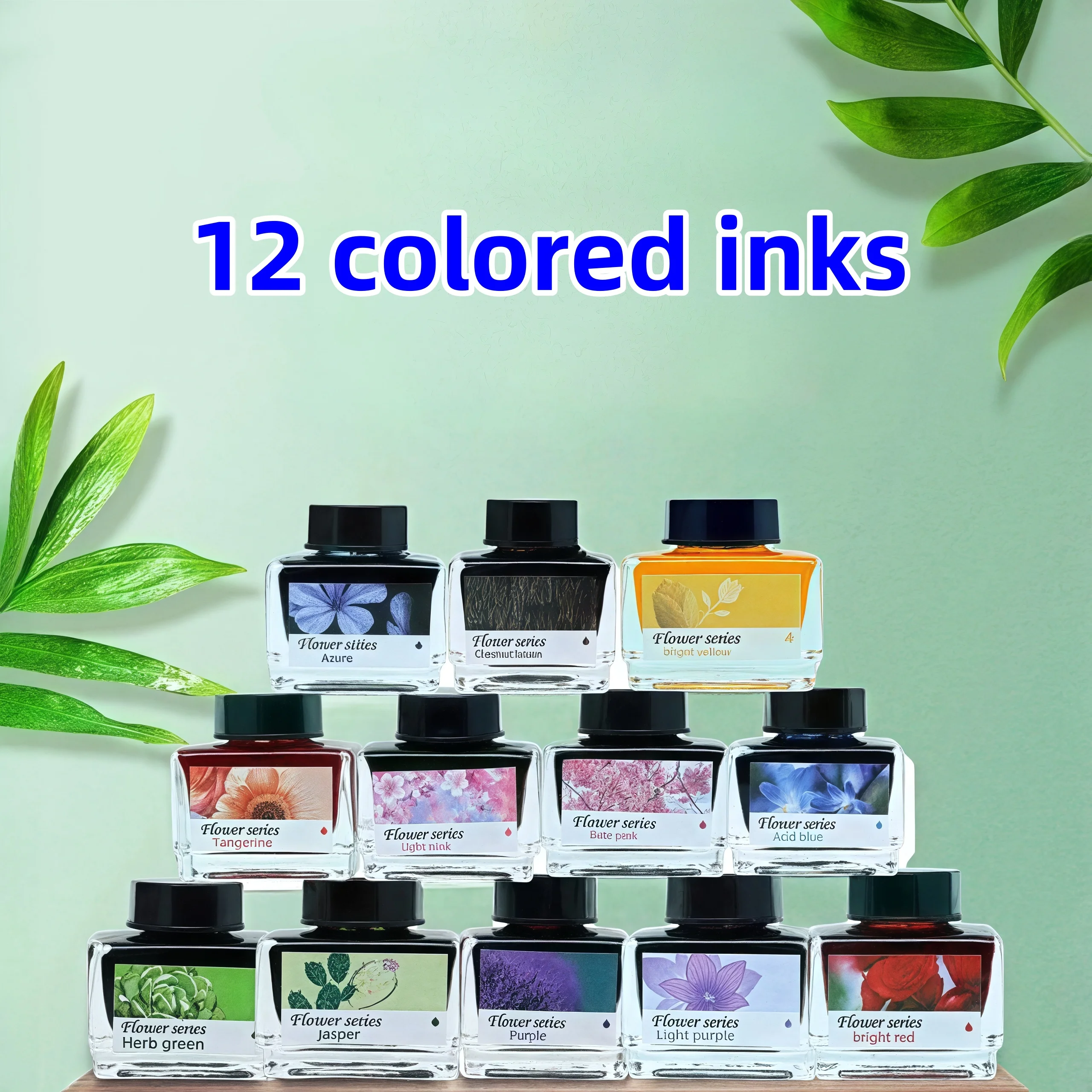 12 Colors Non-Carbon Ink Color 15ml Glass Bottle for Writing/Painting/Hand Account/Dyeing Card/Design Line Drawing