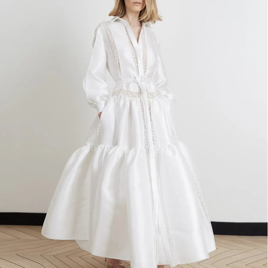 Women White Lace-up Shirt Dresses Satin Lapel Button Pleated Ruffle Hem Midi Dress Elegant Lace Patchwork Long Dresses Spring