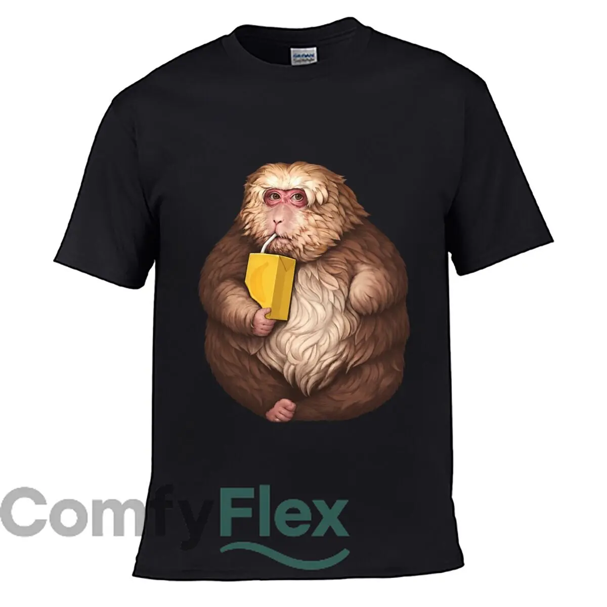 Chubby Monkey Drinking Banana Juice Funny Meme Loose Vintage Distressed Washed Casual Tee