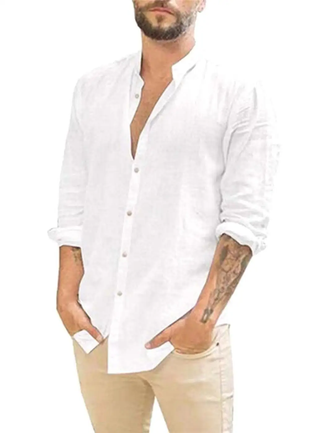 

Men's Slim Fit Long Sleeve Cotton Linen Shirt Stand Collar Breathable Casual Workwear Open Cardigan Style Citywalk Fashion