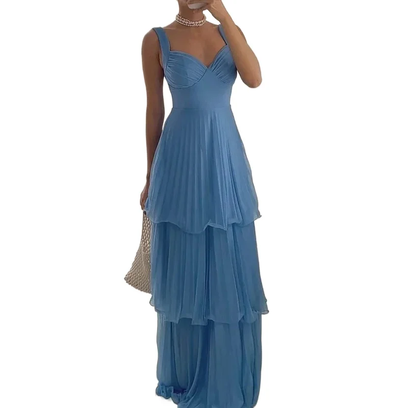 

Sexy V-neck Open Back Ruched Chiffon Tiers Long Dress Blue