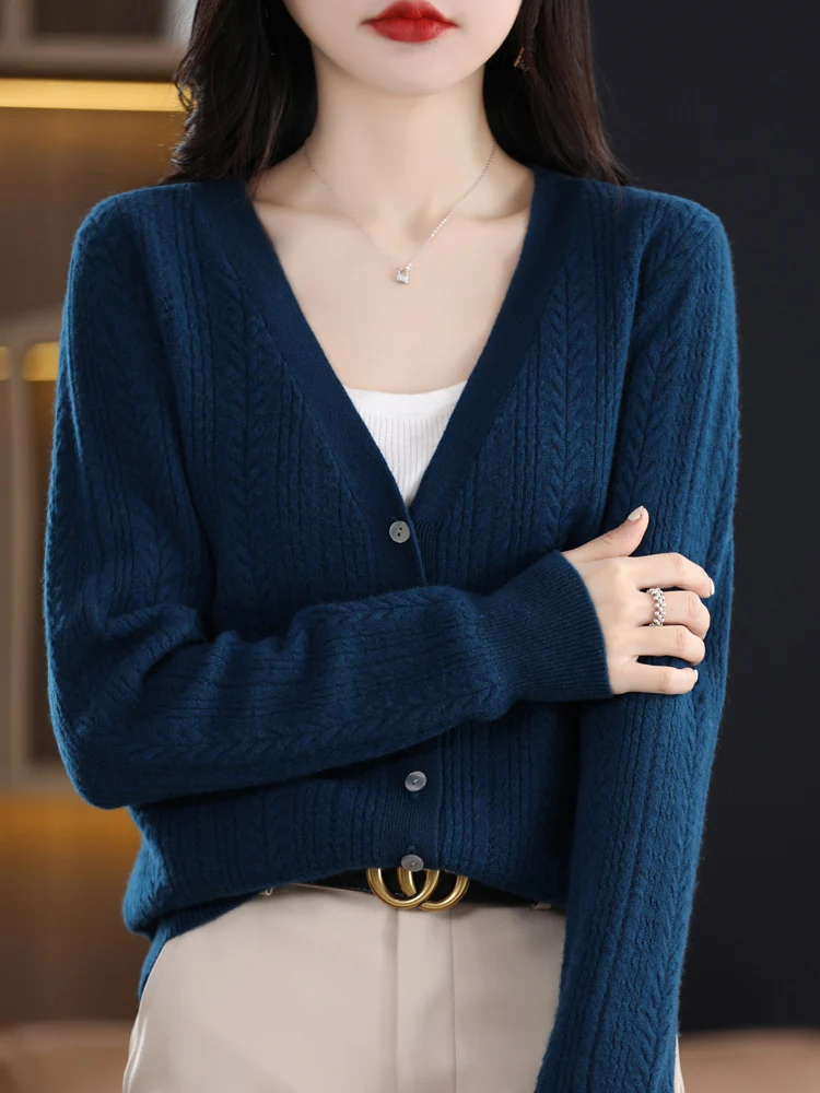 Addonee Autumn Women's Deep V-neck Cardigans Sweater 100% Merino Wool Loose Twist Flower Cashmere Knitwear Long Sleeve Clothing