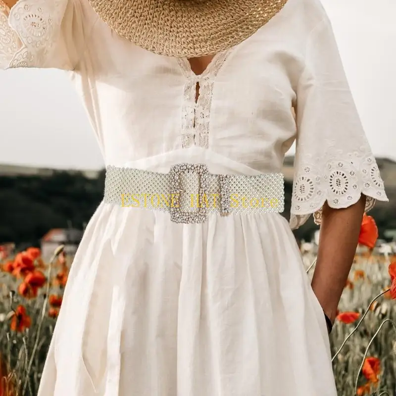 49MF Square Buckle Artificial Pearls Belt for Adult Corset Waistband for Evening Dress Sweater Waiststrap for Formal Occasion