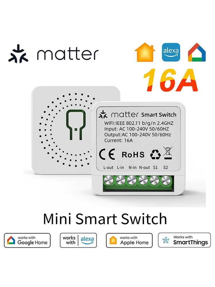 Matter WiFi Smart Switch 16A Smart Home Light Switch Relay Module Voice Control Work with Alexa Google Homekit Smartthings Tuya
