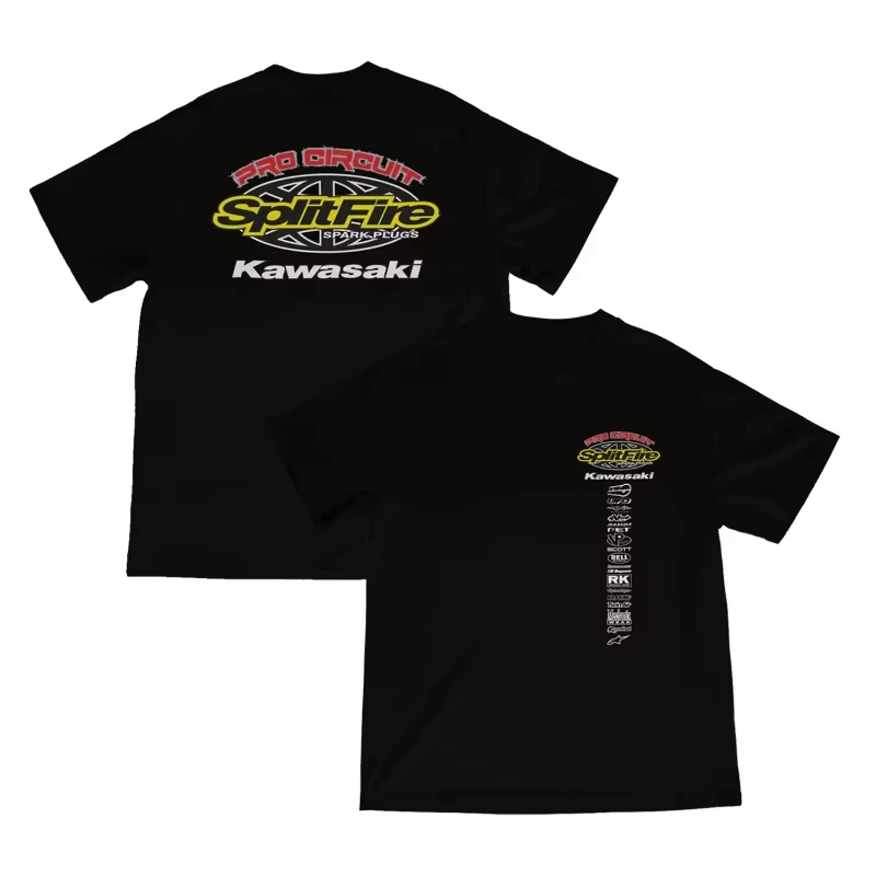 2025 Summer New retro Kawasaki letter graphic printed cotton T-shirt outdoor loose short-sleeved men's and women's sport top
