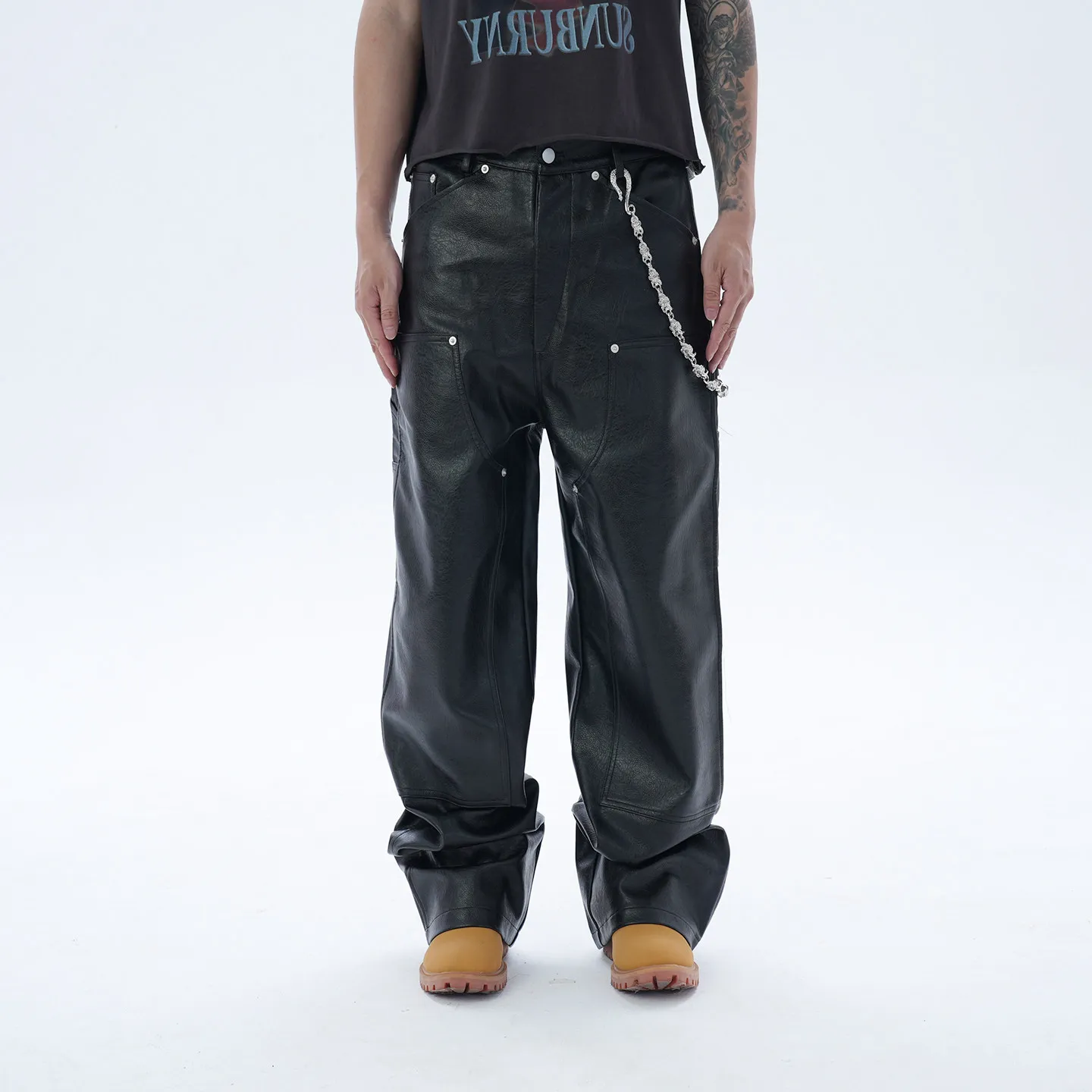 Fashion Retro High Street Composite Fabric Double Knee Loose Straight Logging Pants Autumn and Winter Wide-Leg Leather Pants Men