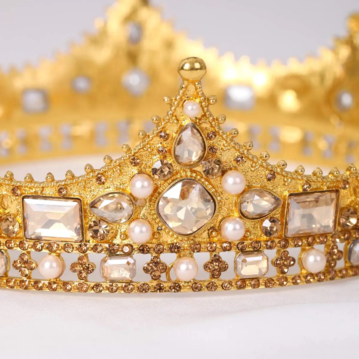 Koning Kroon Voor Mannen Kostuum Accessoire Prom Tiara Barok Vintage Kristallen Parel Bruids Bruiloft Tiara 'S (Goud)