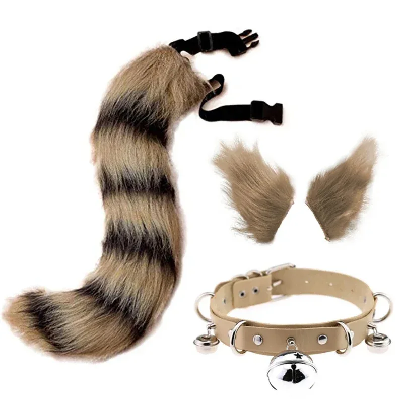 Faux Fur Kitten Wolf Long Tail Ears Hair Clips and Faux Leather Neck Collar Choker Set Halloween Party Cosplay Costume