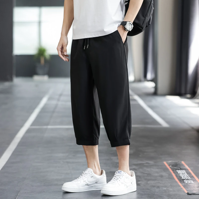 

Men's Summer Ice Silk Loose Casual Pants Elastic 7/8 Length Spor plus Size Straight Leg Basic Color Polyester Blend