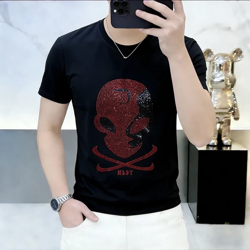 Rhinestone Skulls Brand T Shirt For Men Short Sleeved Streetwear Summer Quality Cotton Viscose Elastane Slim Camisetas De Hombre