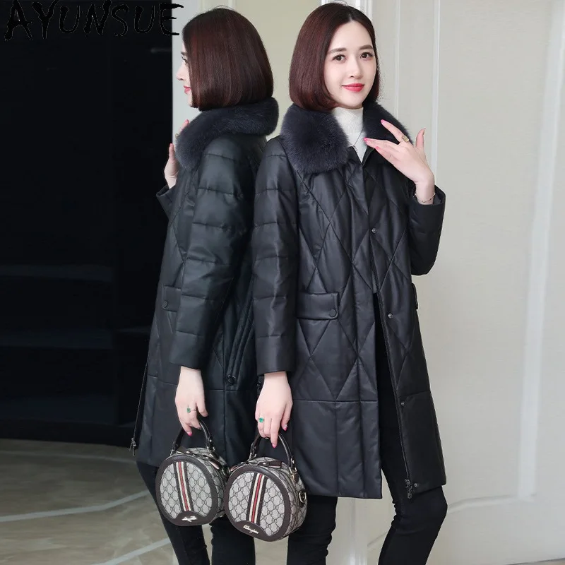 AYUNSUE chaqueta de piel de oveja auténtica para mujer, abrigo de plumón de pato blanco 90%, ropa de invierno para mujer, cuello de piel de zorro, Casaco femenino