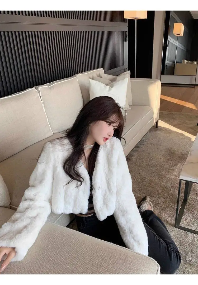 Chic V Neck Cropped Faux Rabbit Fur Jacket Women Elegant Single Button Plush Coats Woman Autumn Winter Fluffy Fleece Outerwear
