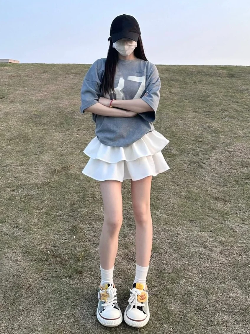 

Spring Design plus Size Women's White A-Line Cake Skirt Slimming Half-length Puffy Short Skirt Korean Style Commute