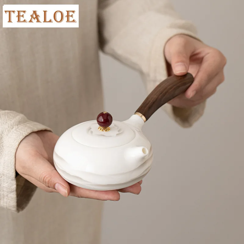 

200ml Mutton-fat Jade Porcelain Side Handle Teapot Elegant Ink Far Mountain Pot Tea Brewing Kettle Chinese Tea Set Collection