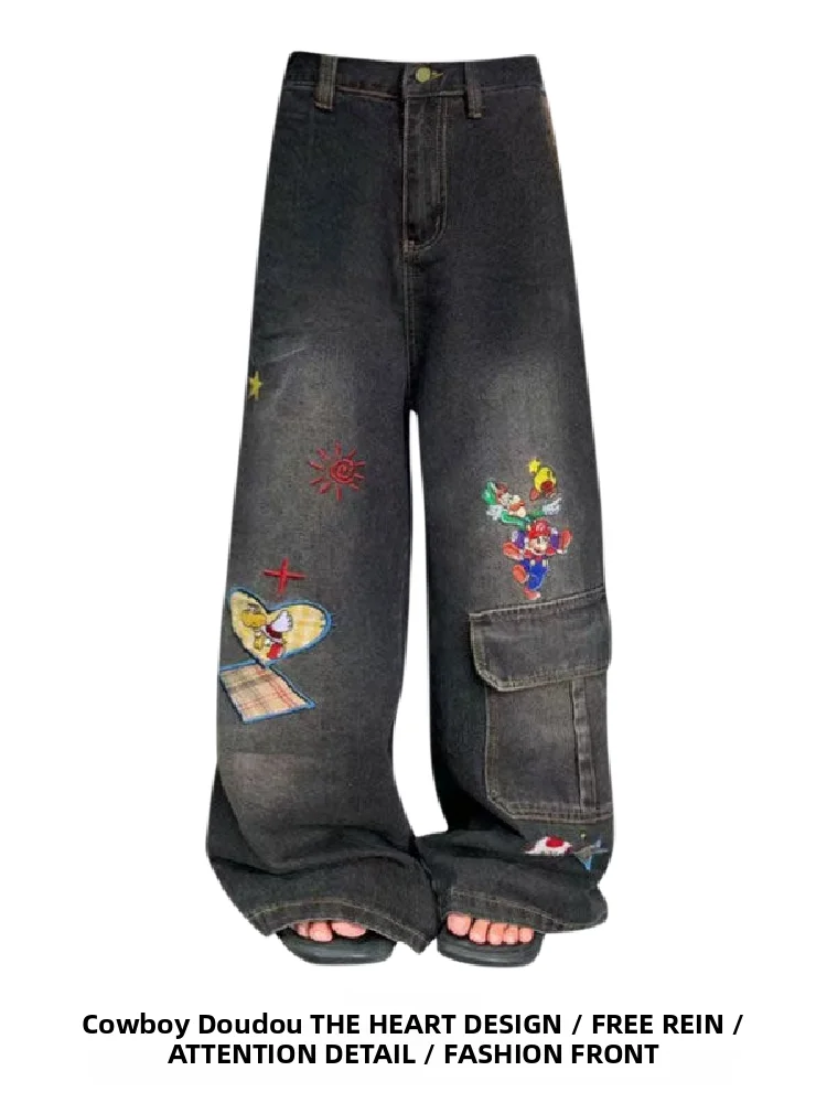

Retro Waed American Sweet Spicy Embroidered Patchwork Loose Wide Leg Jeans High Waist Zipper Closure Casual High Street Sle