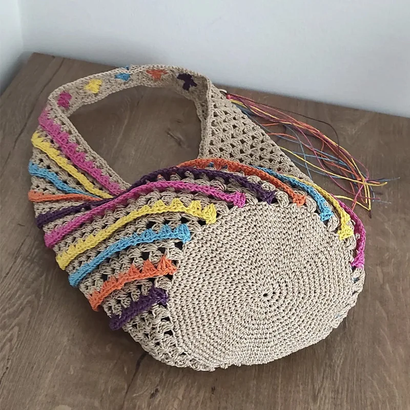 2024 Summer Bohemian Color Striped Straw Bag Hollow Woven Bags for Women Rattan Shoulder Bag Large Hobo Beach Shopper Purses