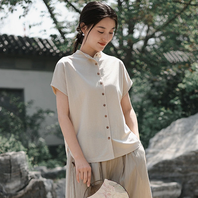 

Women Cotton Linen Casual Shirt New 2025 Summer Simple Style Stand Collar Solid Color Female Short Sleeve Tops Shirts M1390