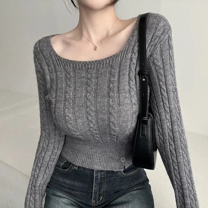 Women's Knitted Thiened Casual Sweater Autumn Winter Korean Sle Square Collar Pure Color Base Top Button Single Row