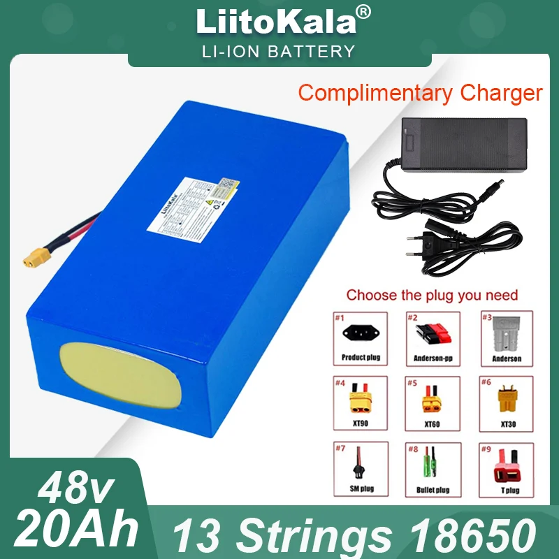 LiitoKala 48V 20ah 13s6p Lithium Battery Pack 200000mAh 300w 1500W electric bicycle batteries Built in 50A BMS +54.6V 2A Charger