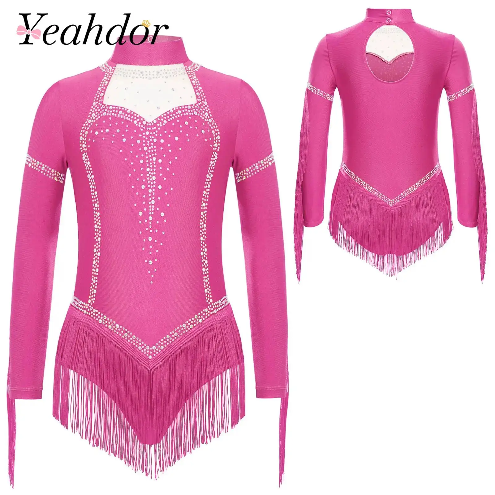 Girls Fringe Latin Ballet Dance Jumpsuit Long Sleeve Rhinestones Tassels Figure Skating Gymnastics Leotard Tango Cha-Cha Costume