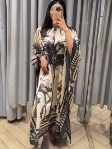 Fashion Flamingo Print Caftan Maxi Beach Dress For Women Casual Oversize O-neck Long Dress Lady Summer Party Evening Chic Robes