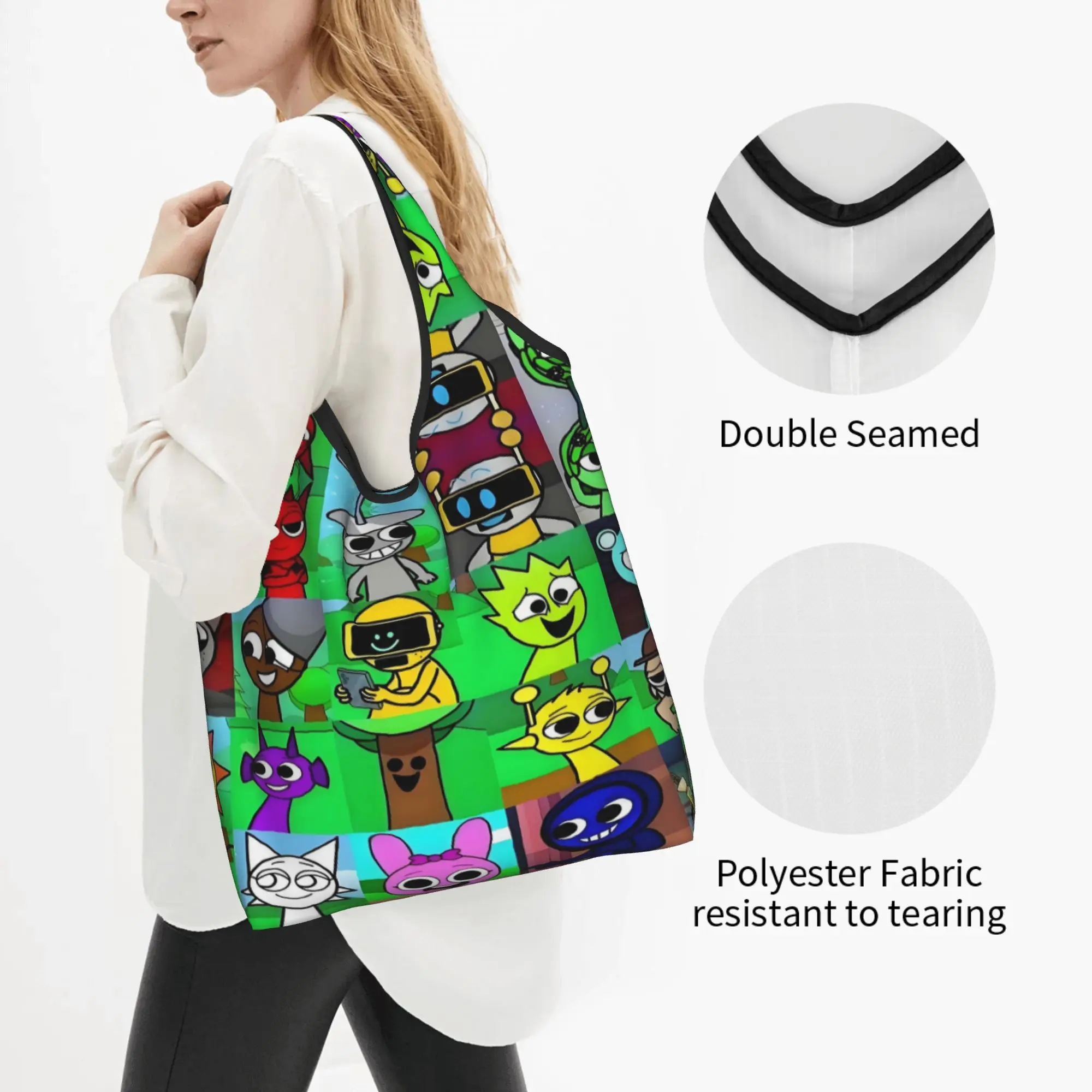 Recycling Game Sprunki  Shopping Bag Women Tote Bag Portable  Grocery Shopper Bags
