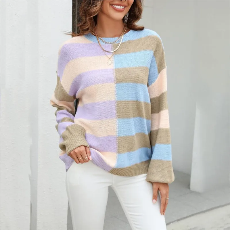 Women's New Fashion Color Blocking Knitted O-neck Pullover Sweater Autumn Winter Casual Loose Versatile Female Sweater Coat