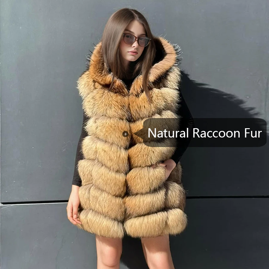 Dames wasbeerbont vest Echte wasbeerbontjas Natuurlijke bontvesten met capuchon Mode Nieuwkomers Echt bontvest