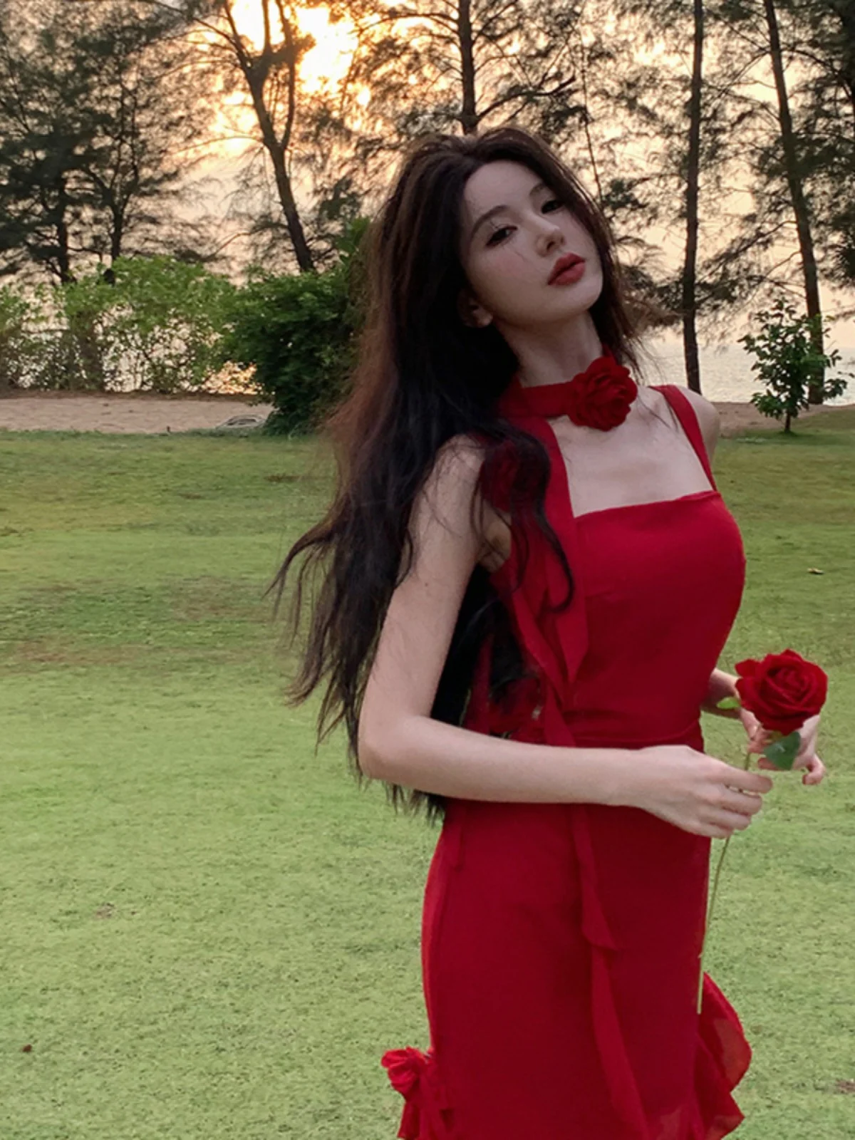 3D-Abschlussballkleider in Rot, Rosy, 2025, lange Spitze, Applikation, Tüll, Ballkleid für Frauen, formelles Abend-Partykleid, sexy Bankettkleid Wh10