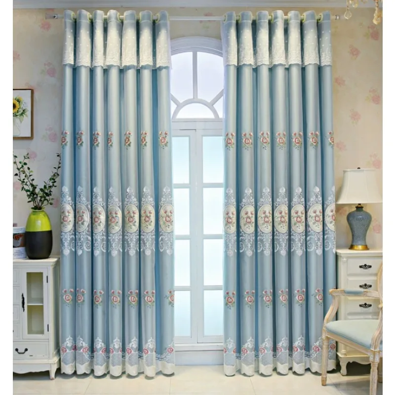 European Pastoral Embroidery Double-layer Curtains for Living Room and Bedroom Blackout Curtains