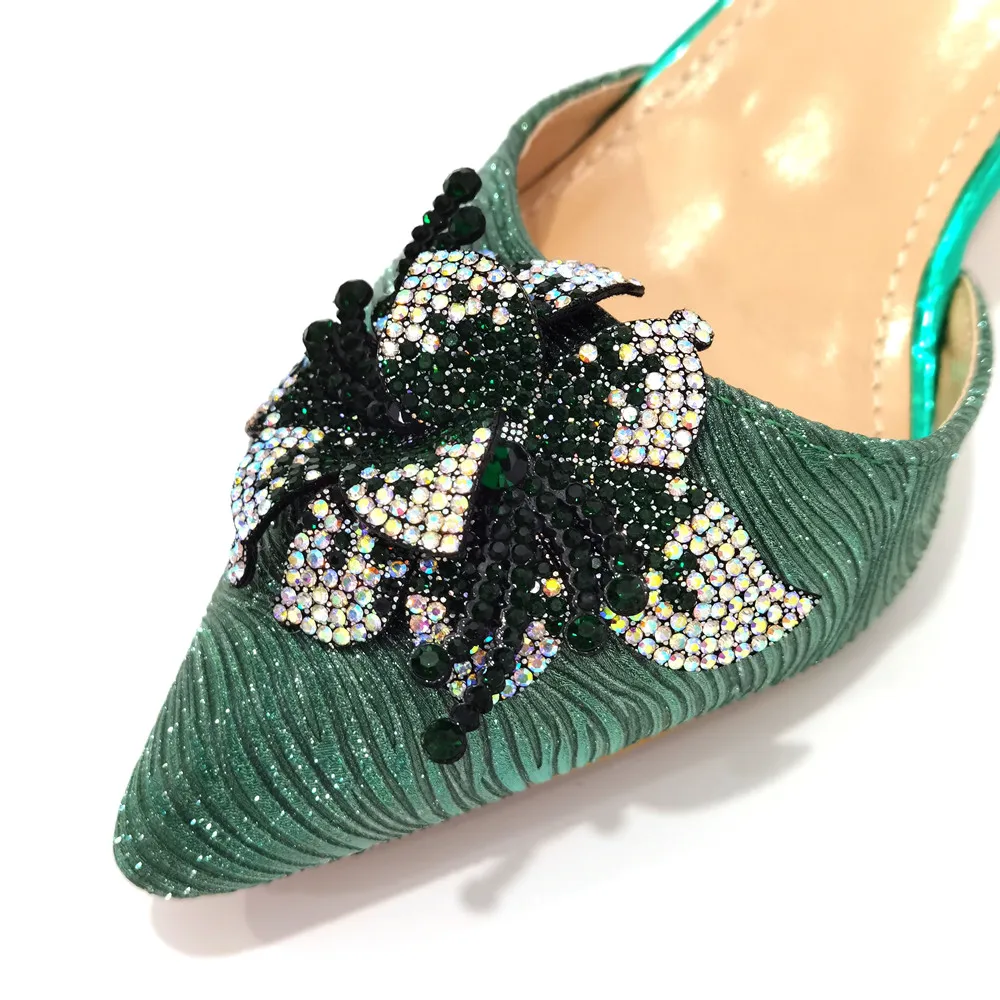 FASHION SHOE Sandals Women 2022 High Heels sexy Green Color Rhinestone Flowers Party Pumps Wedding Shoe and Matching Bag Set