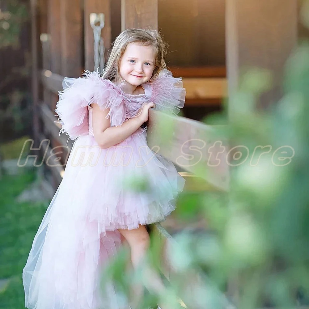 Yipeisha-Vestidos de Fiesta de plumas para niñas, cuello cuadrado, volantes, una línea frontal, espalda corta, Vestido largo de tul para niñas, vestido de comunión