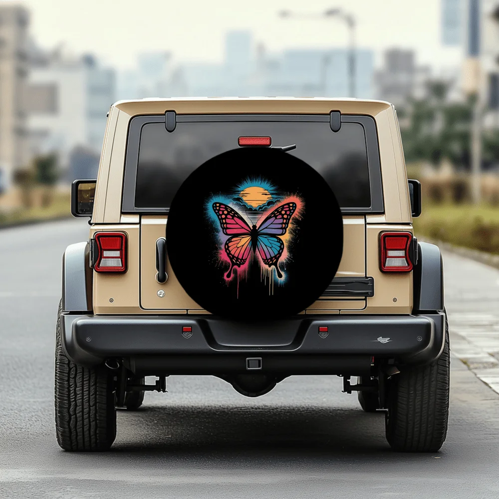Colorful Butterfly Sunset Pattern 30/34 Inch Multi-Functional Tire Cover, Suitable For Jeeps, Trailers, RVs, Off-Road Vehicles,